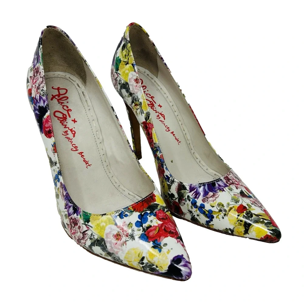 Alice + Olivia Floral Pumps‎ Patent Leather Pointy Toe Stiletto Heels 38.5
